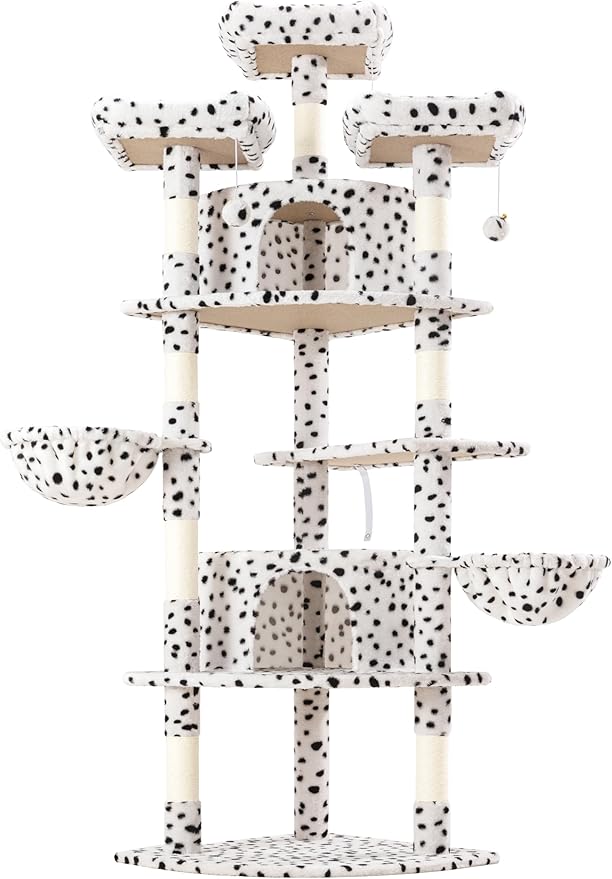 WEEWAY 73in Multi-Level Cat Tree with a Fan-Shaped Base, 2 Cozy Condos, 2 Hanging Baskets, Unique Perch, Sisal Scratching Posts, Hanging Balls, Ideal for Multiple Indoor Kitties, White & Black Spots