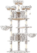 WEEWAY 73in Multi-Level Cat Tree with a Fan-Shaped Base, 2 Cozy Condos, 2 Hanging Baskets, Unique Perch, Sisal Scratching Posts, Hanging Balls, Ideal for Multiple Indoor Kitties, White & Black Spots