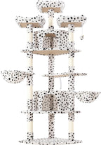 WEEWAY 73in Multi-Level Cat Tree with a Fan-Shaped Base, 2 Cozy Condos, 2 Hanging Baskets, Unique Perch, Sisal Scratching Posts, Hanging Balls, Ideal for Multiple Indoor Kitties, White & Black Spots