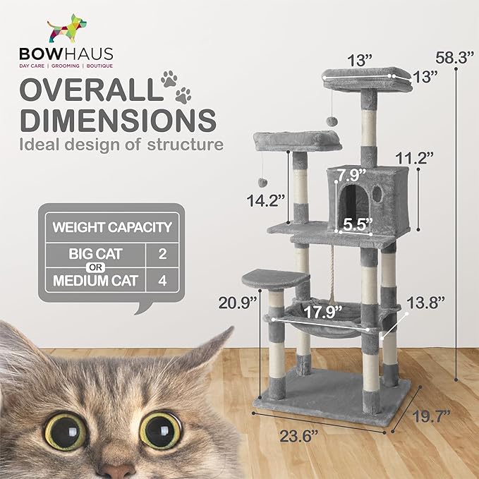 Tall Cat Tree for Indoor Large Cats or Kittens, Multi-Level Cat Activity Tree with Scratching Posts, Hammock, Cat Cave Condo, Modern Cute Small Cat Climbing Tower with Widened Perch