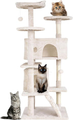 24/7 Shop at Home Court 54 inch Multi-Level Cute Cat Tree Tower with Dangling Ball and Scratching Posts for Indoor Cats Adults, Kitten Supplies, Pet House, Beige