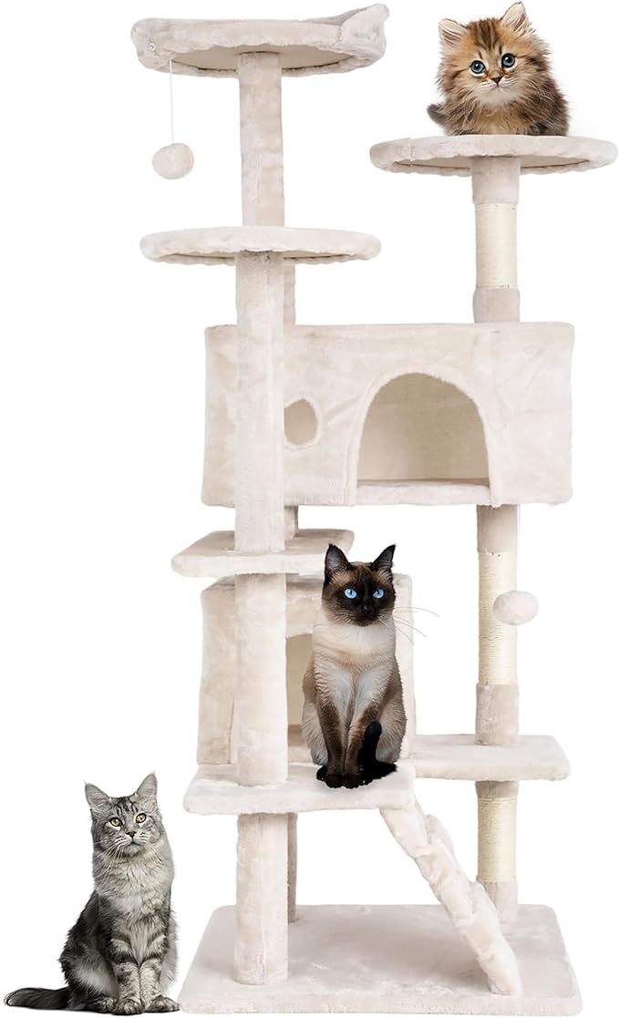 24/7 Shop at Home Court 54 inch Multi-Level Cute Cat Tree Tower with Dangling Ball and Scratching Posts for Indoor Cats Adults, Kitten Supplies, Pet House, Beige