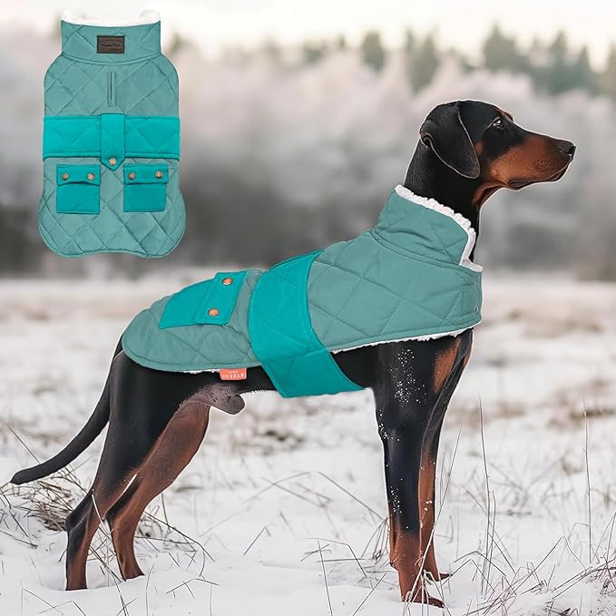KYEESE Dog Coat Warm Pet Winter Puffer Coat with Leash Hole Windproof Pet Sweater with Waterproof Pets Clothes for Cold Weather Soft Dogs Jacket with Pocket Thick Dog Coats for Medium Dogs