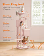 Feandrea Cat Tree, 59.5-Inch Tall Cat Tower, Plush Multi-Level Condo with 5 Scratching Posts, 2 Perches, 2 Caves, Hammock, 2 Pompoms, Jelly Pink UPCT192P01