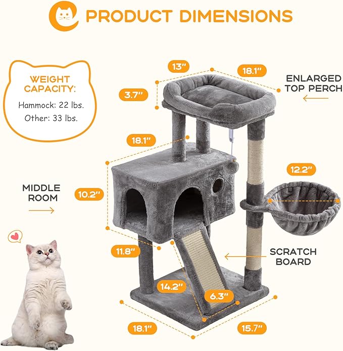 HOOMIC 36" Cat Tree for Indoor Kitty, Multi-Level Condo with Sisal Scratching Posts and Board, Cozy Hammock, Padded Plush Perch for Kittens, Grey