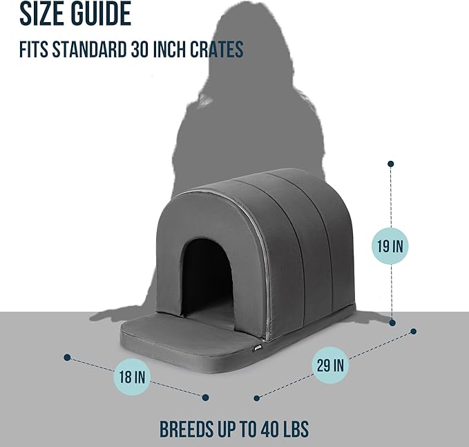 Orthopedic Dog House 2.0 - Outdoor Waterproof Dog Shelter w/Porch - Scratch Proof Indoor Pet House w/Egg-Crate Foam - Ideal for Medium Breeds & Fits 30-Inch Crate - 29"x18", Charcoal