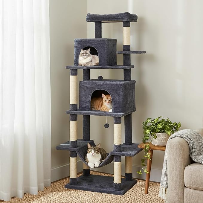 Tangkula 70 Inch Tall Cat Tree, Multi-Level Large Cat Tower with Sisal Scratching Posts, Plush Top Perch, 2 Condos, Hammock, 2 Dangling Balls, Cat Tree Tower for Indoor Cats Large Adults (Dark Grey)