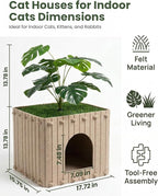 Cat Houses for Indoor Cats with Decorative Plants, Hidden Indoor Cat Bed Cave, Cozy Felt Design, Strong Scratch-Resistant Capacity, Hideaway Cat Condo, Ideal for Home Decor, Dark Camel