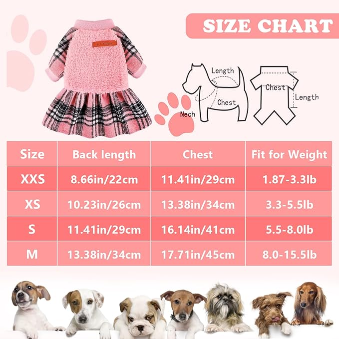 Dog Sweater Dog Winter Clothes for Small Dogs Boy Girl Fall Puppy Dress Warm Fleece Chihuahua Yorkie Teacup Doggie Sweaters Dresses Doggy Sweater for Small Dogs Girl Cat Outfits, Pink Plaid, M