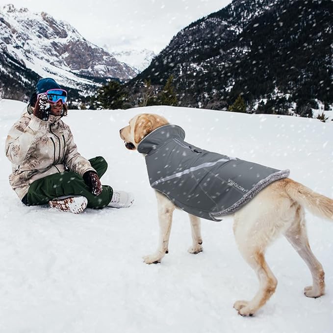 VIVAGLORY Snowrap Dog Coat, Jacket with Harness Hole, Dog Coat for Winter & Cold Weather, Fluffy Warm Fleece Lined Reflective Water Resistant for Puppy, L, Grey