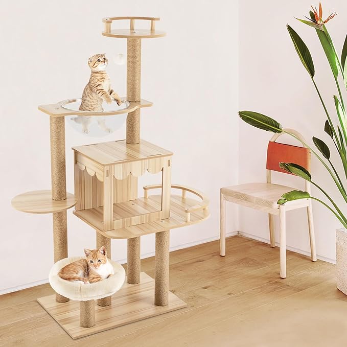 Modern Cat Tree Tower with Multiple Platforms, Cat House, Hemp Rope Scratching Post and Transparent Bed - Rustic Brown and White Design for Indoor Cats