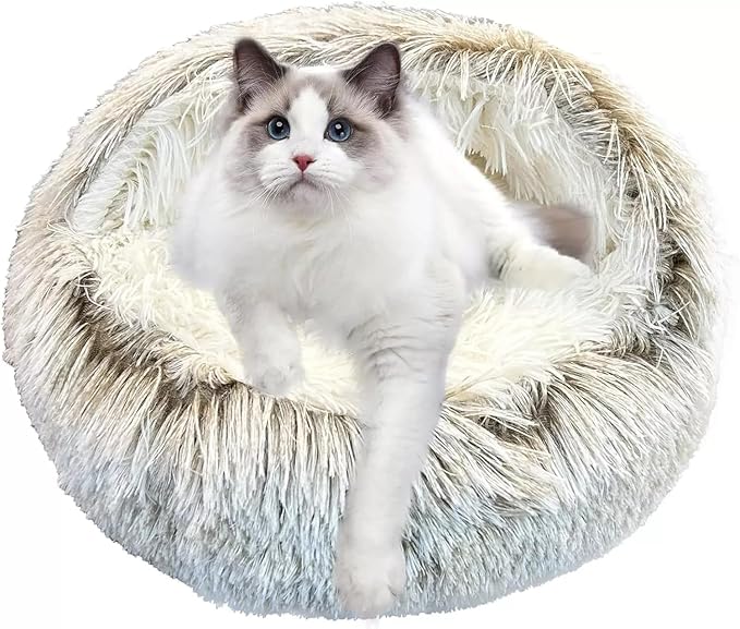Cat Bed Round Fluffy Hooded Cat Bed Cave, Anti-Anxiety Cave Bed with Hooded Blanket, Cozy Cuddler Luxury Puppy Pet Bed, Anti-Slip Bottom and Machine Washable (Khaki, Medium)
