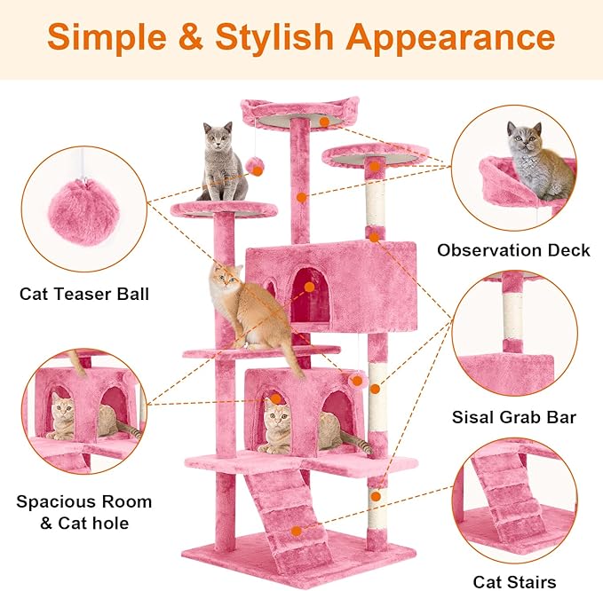 Cat Tree 69.3 inches Cat Tower for Indoor Cats Cat House with Replaceable and Removable Dangling Ball Cat Trees and Towers with Funny Toys, Pink