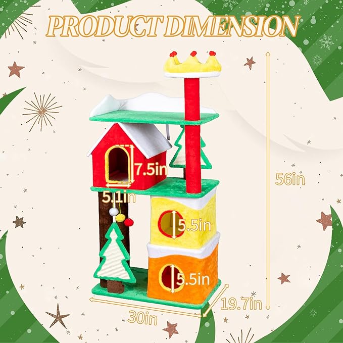 Christmas Decorations, Christmas Cat Tree with Hideaway, Large Cat Tower with Crown Perch & Sisal Scratching Ramps, Candy Color Holiday Decor for Indoor Cats, Multi-Level Playhouse (56 in Christmas)