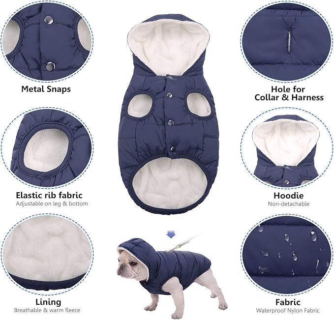 Fleece Hoodie, Windproof Waterproof Coat, Winter Warm Jacket, Cold Weather Pet Apparel Clothes Vest for Small Medium Large Dogs (S, Blue)