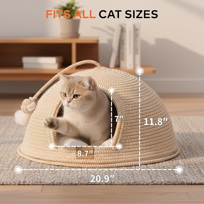 CHEERPALS Cat Cave Bed for Indoor Cats, 3 in 1 Cat House with Washable Cushion and Ball, Scratcher Bed, Cute Rope Bed for Kittens and Large Cat(White)