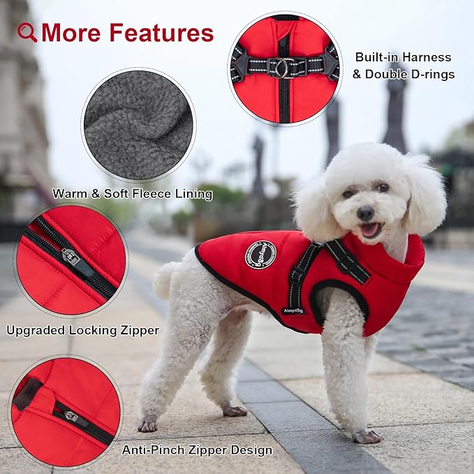 Warm Dog Winter Coat, Cold Weather Jacket with Built-in Harness, Reflective & Adjustable Comfortable Pet Vest, Windproof Apparel for Small Medium Large Dogs (Red)