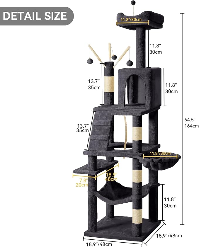 DWVO 64.5" Tall Cat Tree, Multi-Tier Cat Condo with Hammock, Scratching Posts & Play Balls for 2-3 Cats (Dark Gray)