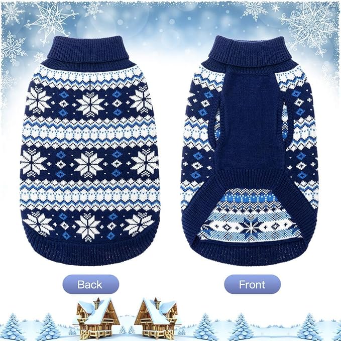 KOOLTAIL Cable Knit Dog Sweater Turtleneck, Cold Weather Pullover Classic Knitwear, Snowflake Pattern Thick Warm Winter Pet Clothes, Dog Christmas Sweater for Small Medium Large Dogs Cats, Navy Blue L