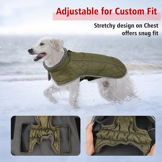 Fragralley Dog Coat Large, Waterproof Dog Jacket with Warm Fleece Lining, Adjustable Reflective Dogs Winter Coat, Turtleneck Pet Coats for Cold Weather (ArmyGreen XXL)