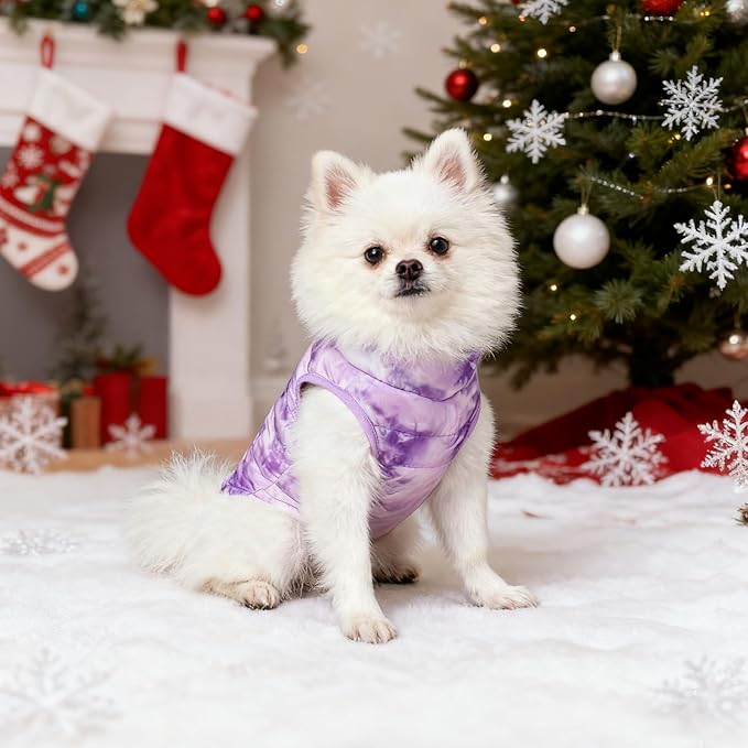 Idepet Pet Dog Cat Coat with Leash Anchor Color Patchwork Padded Puppy Vest Jacket Teddy Chihuahua Costumes Pug Cloth XS S M L(Large,Purple Tie-dye)