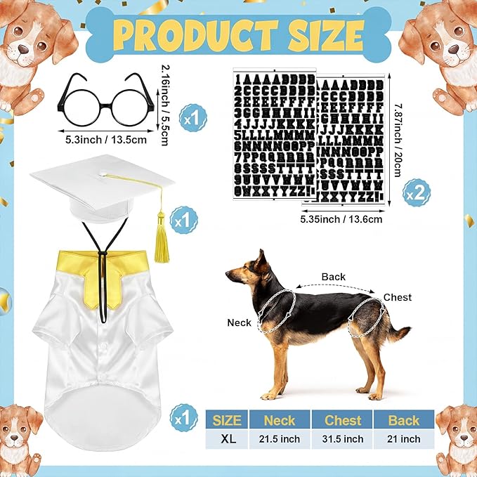 5 Pcs Dog Graduation Costume Set Include 2026 Pet Graduation Gown with Stole Puppy Grad Cap Lensless Glasses DIY Letter Stickers for Dogs Cats Holiday Costume Accessory(White Gold,XL)