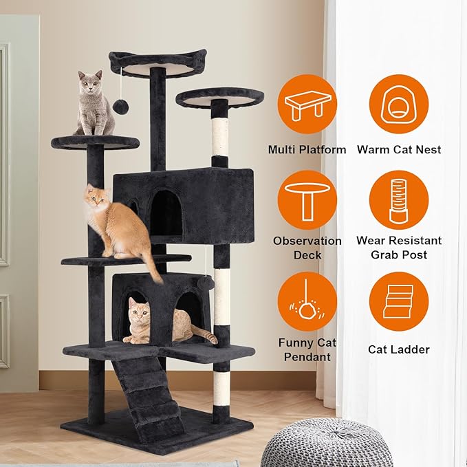 Cat Tree 69.3 inches Cat Tower for Indoor Cats Cat House with Replaceable and Removable Dangling Ball Cat Trees and Towers with Funny Toys, Dark Gray
