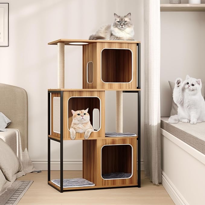 Tangkula Modern Cat Tree, 52 Inch Wooden Cat Condos with Metal Frame, Sisal Scratching Posts & Board, Washable Cushions, Multi-Level Cat Tower for Indoor Cats & Kittens (Natural)