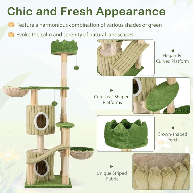 PETSITE 63 inch Tall Cat Tree, Multi-Level Aesthetic Stripped Cat Tower with Sisal Scratching Posts, 2 Condos, 2 Side Baskets, and 2 Dangling Balls, Indoor Green Cat Tree Tower for Indoor Cats