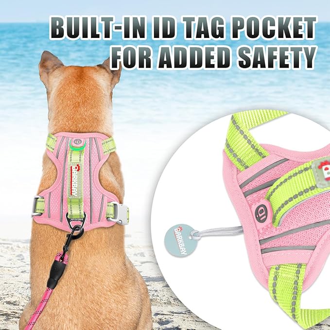 BARKBAY No Pull Dog Harness Large Reflective Dog Harness with Front Clip and Easy Control Handle for Walking Training Running with ID tag Pocket(Baby Pink & Sunlight,L)