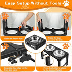 COMESOON Elevated Dog Bowls, 5 Adjustable Heights (3.9"-13.4") Raised Dogs Food Bowl Stand for Medium Large Sized Dogs, Non-Slip Foldable Travel Pet Feeder Black with Stainless Steel Bowls