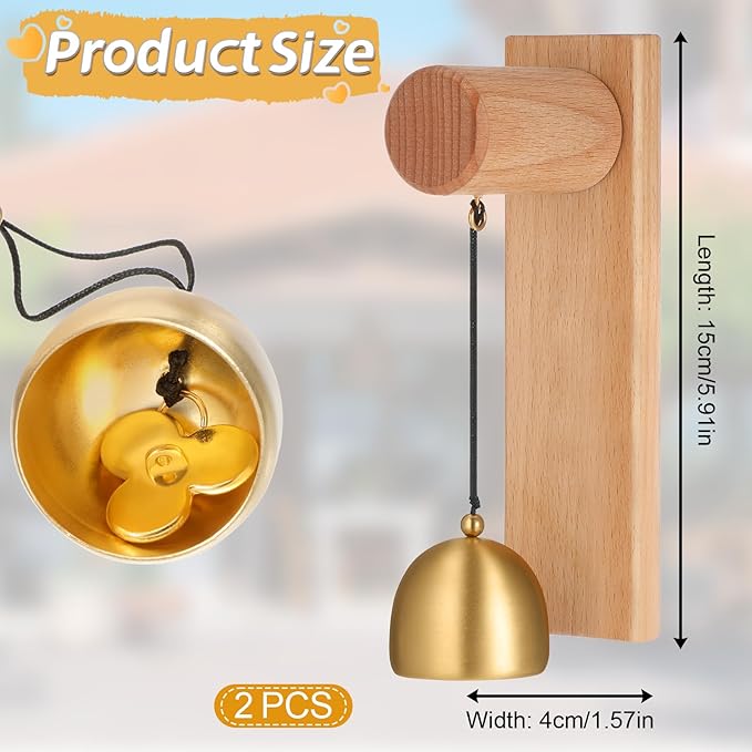 Shopkeepers Bell for Door Opening, Vintage Wooden Wind Chime Doorbell with Brass Bell, Unique Ornaments as Hanging Decoration for Business When Entering, Dog Door Bell, Self-Adhesive, 2Pack