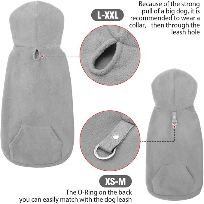 EXPAWLORER Dog Hoodie Fleece Sweater Vest, Hooded Dog Sweatshirt Fall Winter Pet Clothes with Leash Ring, Sleeveless Warm Cozy Puppy Clothing for Cat Small Medium Large Dogs Girl Boy, Grey XS