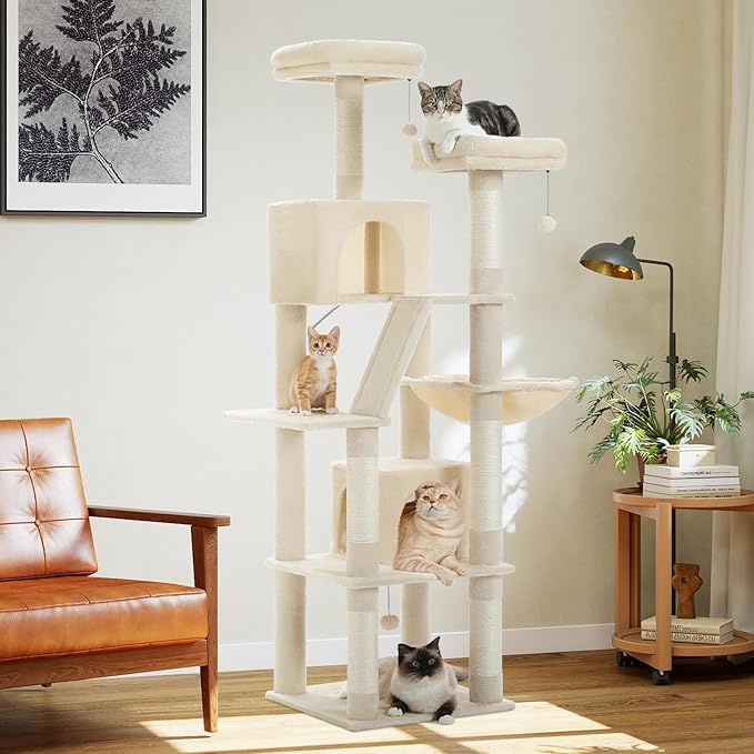 PEQULTI 71'' Cat Tree for Indoor Cats with Big Hammock, Tall Cat Tower for Large Cats with 2 Cat Condo, 2 Soft Top Perch, Scratching Posts and Pad, Beige