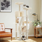 PEQULTI 71'' Cat Tree for Indoor Cats with Big Hammock, Tall Cat Tower for Large Cats with 2 Cat Condo, 2 Soft Top Perch, Scratching Posts and Pad, Beige