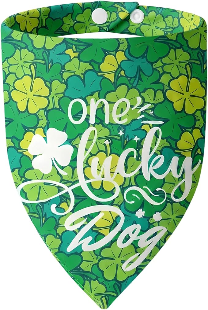 Dog Bandana for St. Patricks Day 2-in-1 Reversible - One Lucky Dog & 4-Leaf Clover Design, Pet Scarf with Snap Button Cute Lucky Holiday Costumes, Medium & Large Breeds (30-75lbs)