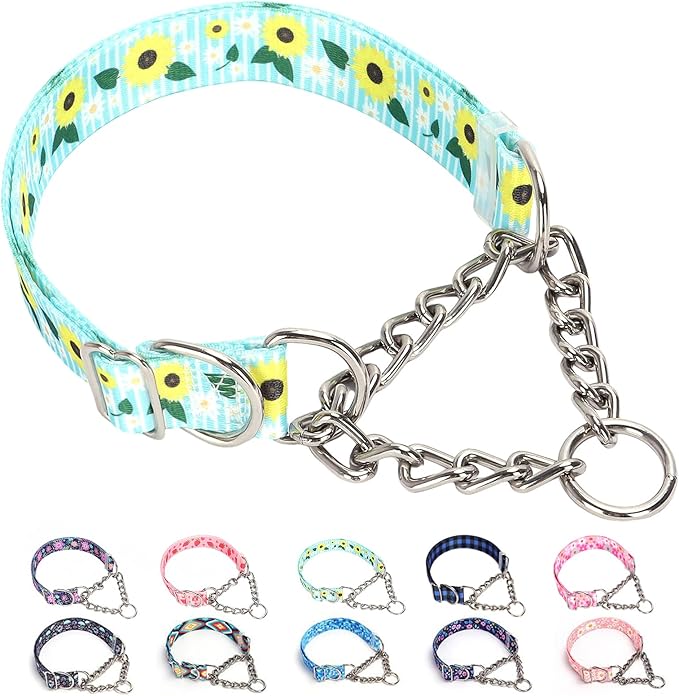 Martingale Dog Collar with Chain, No Pull Slip Cinch Choker Choke Collar Heavy Duty Dog Collar for Medium Large Extra Large Pet Dogs,Sunflower XL