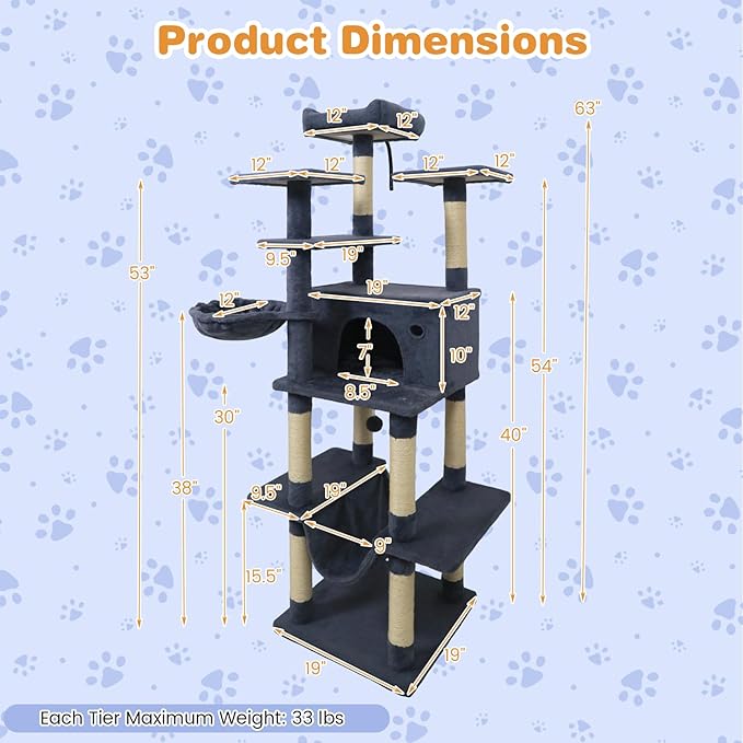 Tangkula Tall Cat Tree, 63 Inch Large Cat Tower with Sisal Scratching Posts, Plush Top Perch, Condo, Hammock, Basket Bed, Dangling Balls & Jumping Platforms for Indoor Cats Large Adult (Dark Grey)