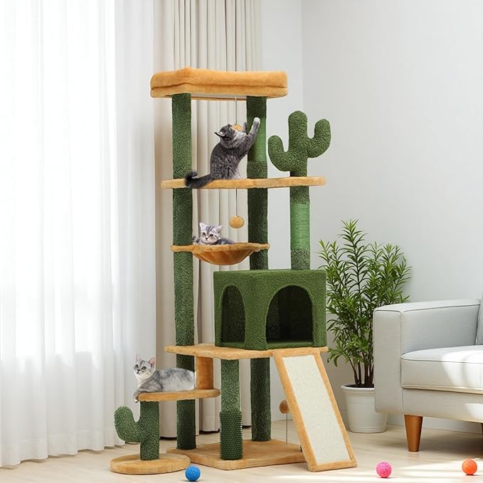 DWVO Cactus Cat Tree for Large Cats: 60" Tall with Self-Grooming Brush, Cute Kitten Climbing Tower for Indoor Kittens with Cat Condo, Top Perch, Basktet, Sisal Scratching Posts, Dangling Ball