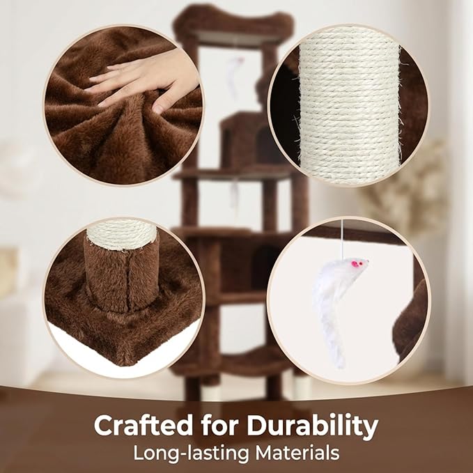 68" Tall 6-Level Plush Cat Tree Tower – Multi-Cat Furniture with Hammocks, Cats Cave, Removable Cushions & Sisal Scratching Posts | Indoor Playground for Cozy Naps & Claw Care