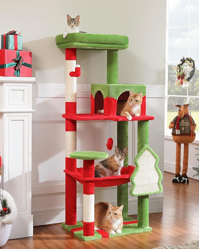 PEQULTI Christmas Cat Tree for Large Cats with Metal Frame Big Hammock, Cat Tower for Indoor Cats with 2 Door Condo House, [56.3"=143cm] Multi-Level Cat Shelves with Scratching Posts and Top Perch
