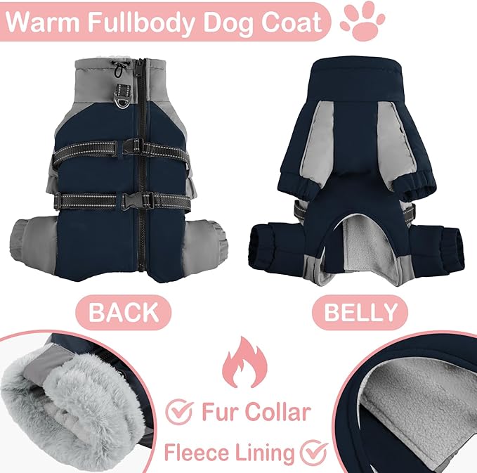 KOESON Four Legged Winter Dog Jacket with Adjustable Buckles, Turtleneck Windproof Fleece Jacket, Reflective Fullbody Puffer Coat Blue Grey L
