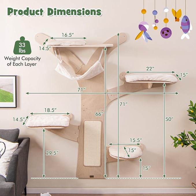 Tangkula Cat Wall Shelves, Wall Mounted Cat Tree Furniture with 4 Padded Platforms, Hammock, Sisal Scratching Mat, Removable & Washable Cushions, 5-Level Cat Climbing Steps for Wall