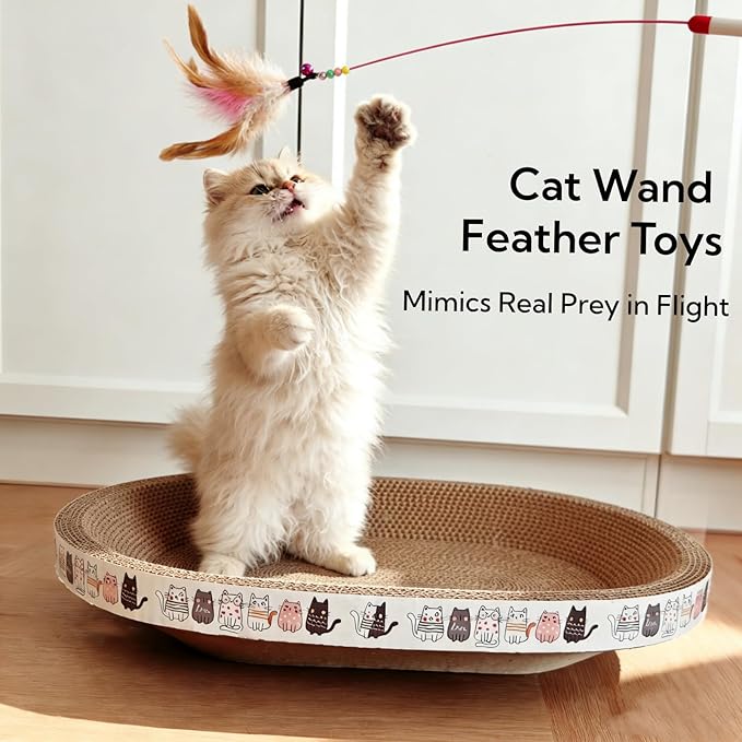 Cat Scratcher Bed with Toys, 2 Pack Oval Cat Scratcher Cardboard, Indoor Cat Scratch Bowl, Large Pad Cat Scratching Board with Catnip Fish Toy & Feather Wand for Furniture Protector
