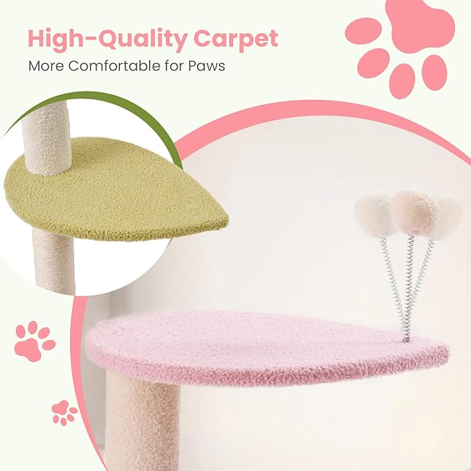 Max & Marlow Cat Tree Floor to Ceiling Cat Tower Height 95-108" Adjustable Kitten Tree Tall Climbing Tree with Carpet Scratching Post and Mat Cat Pole for Indoor Cats, Pink