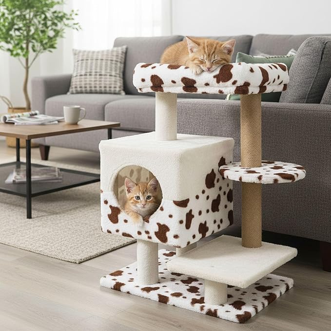 Tangkula 30 Inch Small Cat Tree, Unique Cat Tower with Jute Scratching Post, 2-Door Condo, Padded Top Perch, Jumping Platforms, Cow Print Aesthetic Cat Tree for Indoor Cats