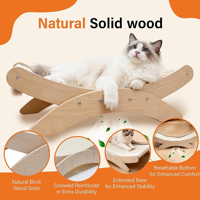 Extra-Larger Sisal Cat Scratcher Bed for Indoor Cats - 25" Natural Cat Scratching Post with Hammock Sturdy Solid Wood Frame Scratch Pad for Scratching & Resting & Play