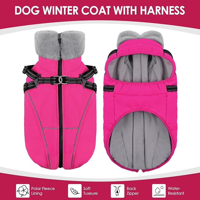 AOFITEE Small Dog Coat, XS Dog Jacket Winter with Harness Built in, Warm Fleece Puppy Coat, Waterproof Pet Puffer Jacket Snowsuit with Zipper, Reflective Dogs Cold Weather Coats Sweater, Pink XS