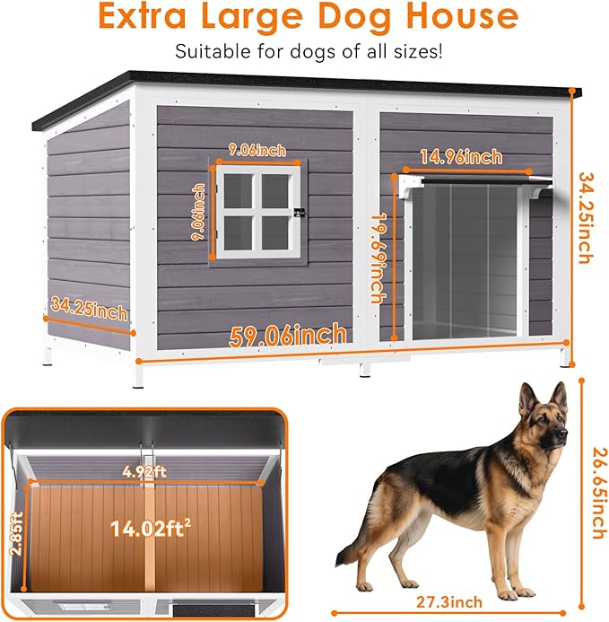 59" Dog House for Outdoor, Extra Large Dog House with Weatherproof Roof, Easy to Install, Anti-Chewing Metal Frame Design for Small Medium Large Breeds Dogs(Gray)