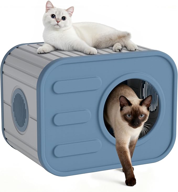 NUNU LAB Plastic Cat House Outdoor, Cats House for Indoor, Weatherproof Cat House, Camera Shaped Design, with Escape Door, for Small to Medium Cats (Blue)